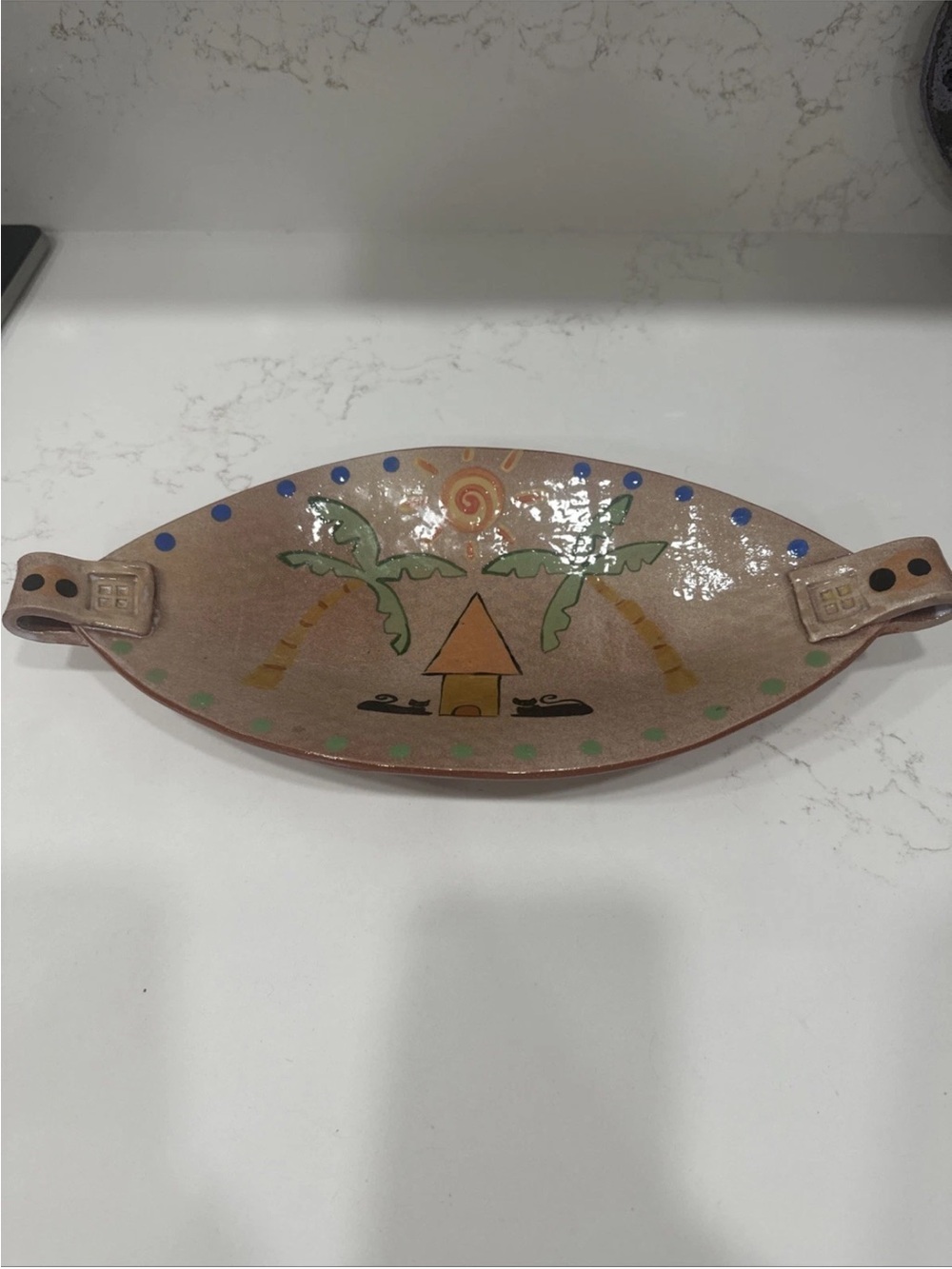 Hand Painted Oblong Pottery Dish Sun Palm Trees Cats Folk Art